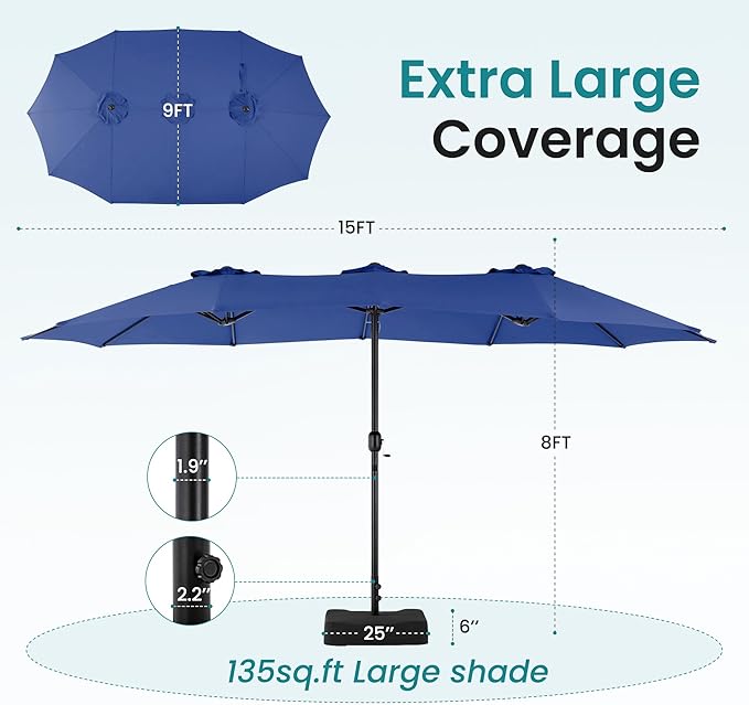 DUMOS 15FT Large Patio Umbrella with Base Included, Rectangle Table Umbrella Outdoor Patio, Outside Umbrellas for Deck, Market, Backyard, Blue
