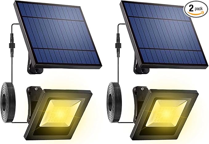 Solar Flood Lights Outdoor with 16FT Cable Dusk to Dawn 4400mAh LED Solar Spot Light Waterproof 3000K for Outside, Porch, Barn, Flag Pole, Warm White 2 Pack
