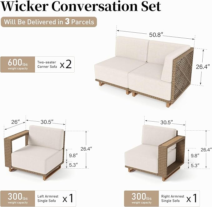 6 Pieces Patio Furniture Set,Outdoor Rattan Wicker Sectional Sofa with 10''Ultra-Thick Cushions,All Weather Patio Conversation Set for Lawn Garden Backyard,Beige
