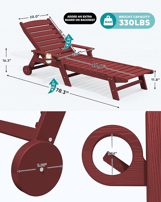 SERWALL Patio Chaise Lounge Chair, 78'' Long HDPE 5 Positions Adjustable Outdoor Lounger, Poly Lounge Chair with Rolling Wheels & Cup Holder for Pool, Dark Red