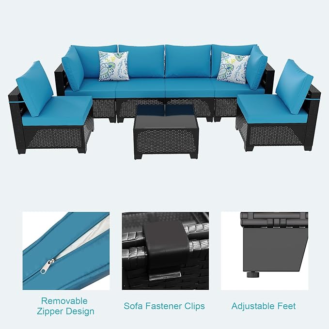 Outdoor Wicker Patio Furniture Set, Rattan Sectional Sofa Set with Thick Cushions (Coffee/Peacock Blue, 7 Piece Sofa Set)