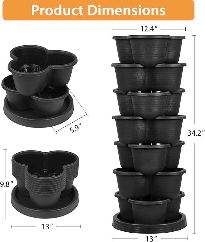 VECELO 7 Tier Vertical Garden Planter, Self Watering Stackable Planters with Wheels for Strawberries, Herbs, Flowers, Vegetables, Black