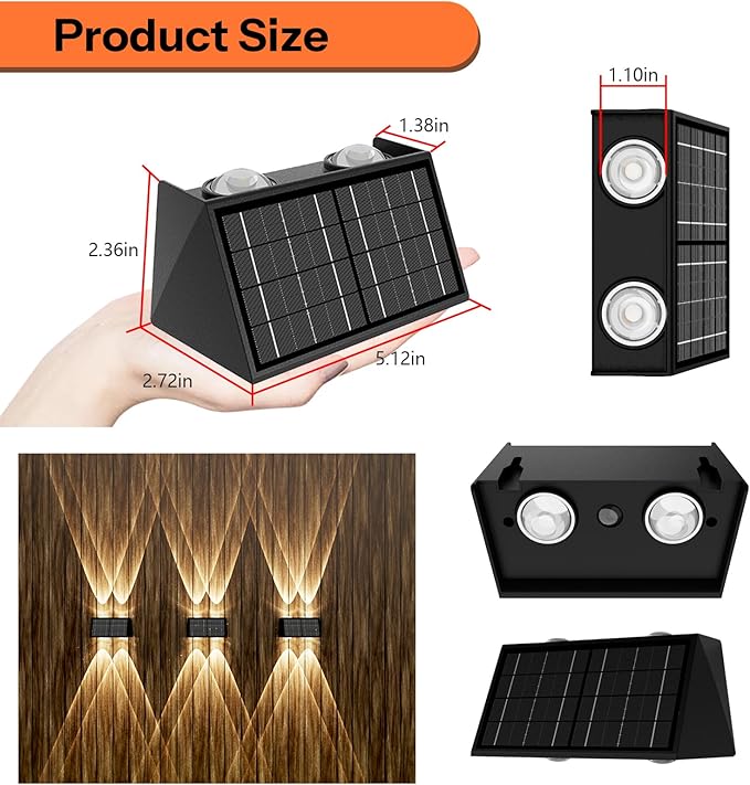 2-Pack Solar Fence Lights, Up & Down Lighting, 50LM/25LM Dual Brightness, 4 Color Modes, IP65 Waterproof, 1200mAh Battery, Screw/Adhesive Mount for Garden Wall Path Deck