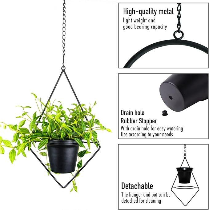 Modern Hanging Planters for Indoor Plants, Metal Plant Hanger with 5 inch Flower Pot, Set of 2 Black Plant Holder in Diamond and Oval Shape, Small Wall and Ceiling Hanging Pot for Outdoor Plants