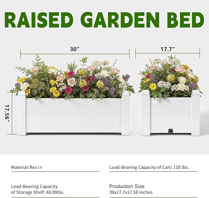 14 Gallon Raised Garden Bed, Self-Watering Raised Planter Box with Drainage Plug & Gauge for Vegetables Flowers Herbs Succulents, Rustproof Resin for Backyard Patio Porch (Ashen)