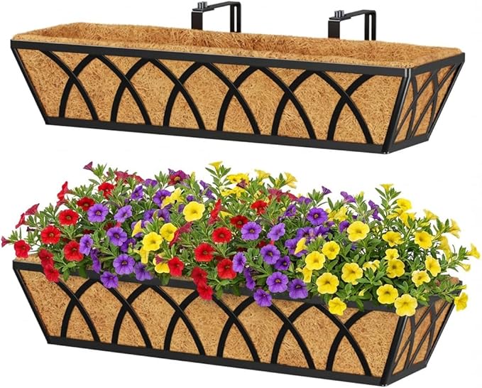 Y&M Planter, 24in Metal Box with Coco Liner, Indoor Outdoor Window/Railing Planter, 2pcs, Black
