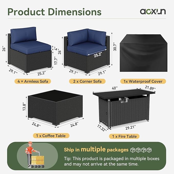 Aoxun 8 Piece Patio Furniture Set with 44” Fire Pit Table, Wicker Rattan Patio Sectional Sofa, Outdoor Furniture Set with Thickened Cushion, Blue