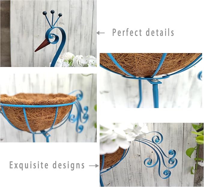 Metal Peacock Planter with Fiber Basket -Garden Bird Planters for Outdoor Indoor Lawn,Yard,Porch,Patio, Garden Decorations（Set of 2）