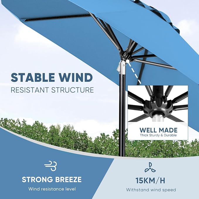 Tempera Patio Market Outdoor Table Umbrella with Auto Tilt and Crank, Large Sun Umbrella with Sturdy Pole & Fade Resistant Canopy, Easy to Set
