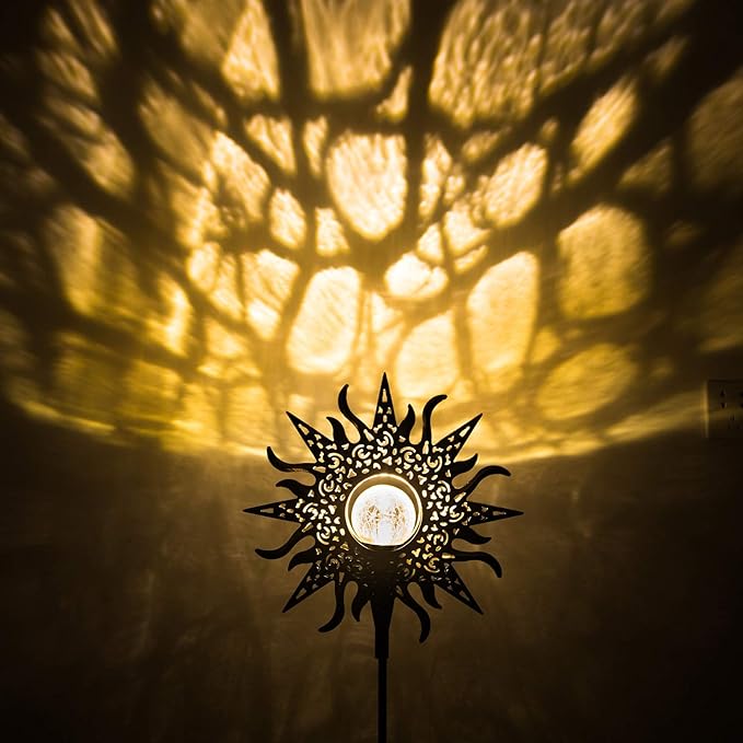 HOMEIMPRO Large Sun Solar Garden Decor Lights Outdoor Garden Gifts Mom Dad, Crackle Glass Metal Stake Backyard Decor, Waterproof LED Lights for Lawn Patio Ornaments, Mothers Day Gifts for Women