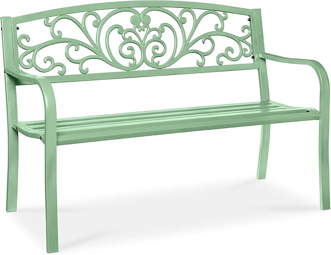 Best Choice Products Outdoor Bench Steel Garden Patio Porch Furniture for Lawn, Park, Deck w/Floral Design Backrest, Slatted Seat - Mint Green