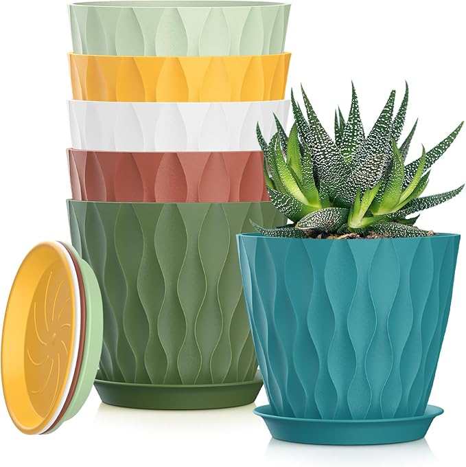 5 Inch Planter Pots, 6 Pack Indoor Planters, Small Flower Pots with Drainage Holes and Tray for Succulents, Orchids, Herbs and Other Indoor Plants (Multicolor, 5inch)