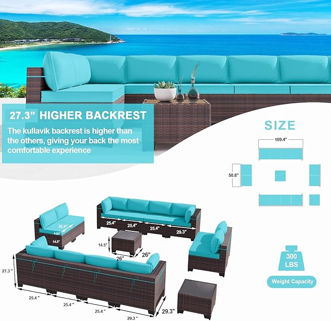 Kullavik 14 Pieces Outdoor Patio Furniture Set PE Wicker Rattan Sectional Sofa Patio Conversation Sets,Blue