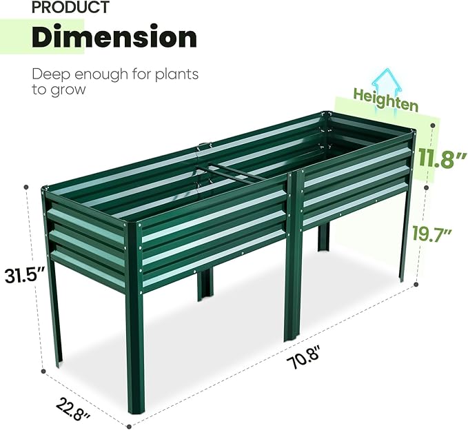 KING BIRD Raised Garden Bed with Legs Galvanized Large Elevated Planter Box for Backyard, Patio, Balcony, 600lb Capacity, Green 70.9x22.8x31.5 in