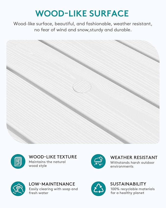 SERWALL Outdoor Coffee Table with 9FT Umbrella, HDPE Patio Coffee Table for Outside, Rectangle, White(Not Include Umbrella Base)