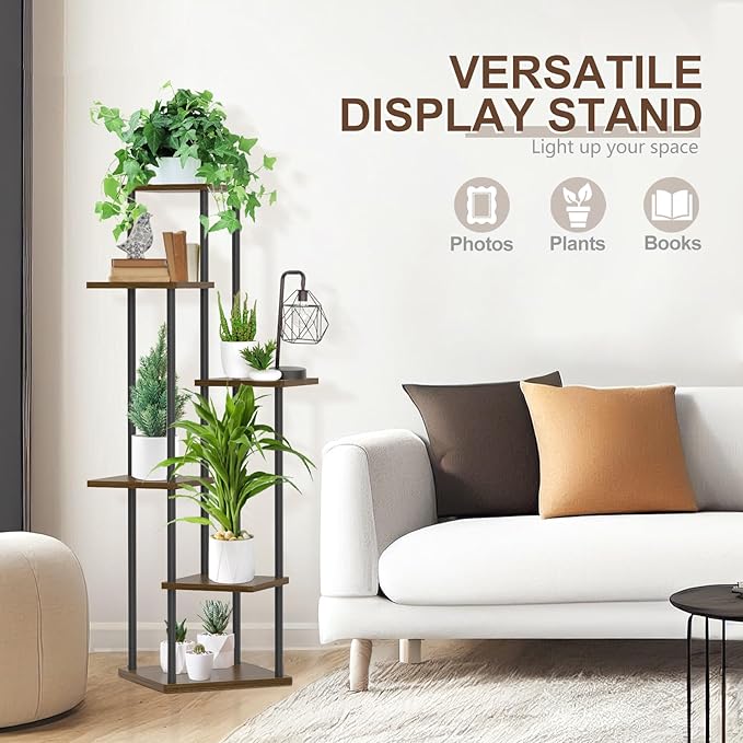 6 Tier Plant Stand Indoor Outdoor, Tall Metal Wood Muti-Level Planter Shelf Holder, Sturdy Large Vertical Corner Orchid Flower Pot Display Rack for Narrow House Decor Office Living Room Bedroom, Oak