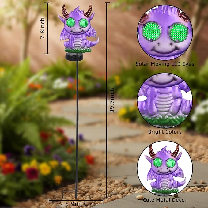 Fantasy Dragon Garden Stakes Decorative 39.7" with Moving Solar Eyeballs, Purple Dragon Garden Decor Pathway Lights for Outside Patio Lawn Yard Metal Art