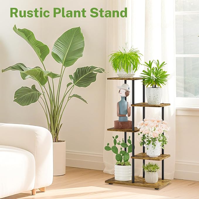 iDavosic.ly 4 Tier Plant Stand Indoor, Tiered Corner Metal Wood Multiple Flower Holder Shelf, 34 Inch Tall Orchid Display Rack for Patio Porch Living Room Balcony Outdoor, Modern Black & Rustic Brown
