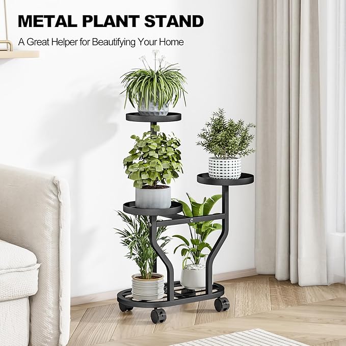Plant Stand with Wheels 3 Tier Metal Plant Holder Corner Flower Shelf for Multiple Plants Display Rack for Bedroom Living Room Balcony Garden Black (Black, 3 Tier)