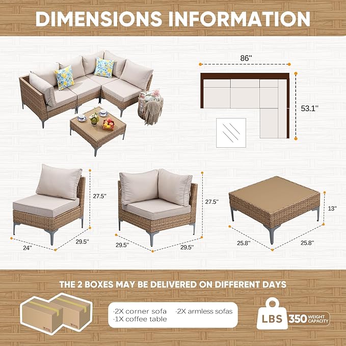 5 Piece Wicker Patio Furniture Set,Outdoor Conversation Sectional Sofa w/Coffee Table,All-Weather Outdoor Sofa with Thick and Anti-Slip Cushions for Deck,Poolside,Garden,Beige