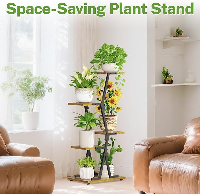 iDavosic.ly 4 Tier Indoor Plant Stand, Corner Tall Metal & Wood Flower Shelf, Orchid Display Rack for Living Room Balcony Patio Porch, Space Saving & Multifunctional Display, Black & Brown