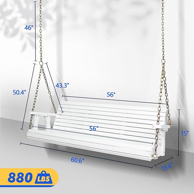 VINGLI Upgraded Patio Wooden Porch Swing for Courtyard & Garden, Heavy Duty 880 LBS Swing Chair Bench with Hanging Chains for Outdoors (5 FT, White)