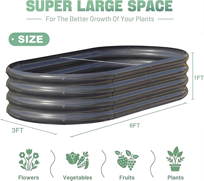 AHEONLAR 3 Pack 6×3×1ft Galvanized Raised Garden Beds, Oval Durable Planter Boxes Outdoor for Vegetables, Fruits, Flowers and Plants, Quick Assembly, Grey