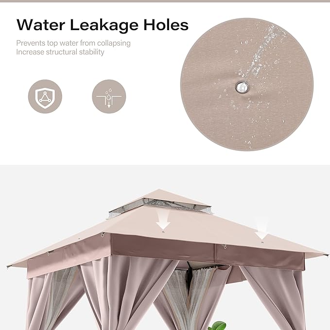 LAUSAINT HOME Semi-Permanent Outdoor Patio Gazebo 10'x10', Heavy Duty Party Tent Shelter with Double Roofs, Mosquito Nettings and Privacy Screens for Backyard, Garden, Lawn, Khaki