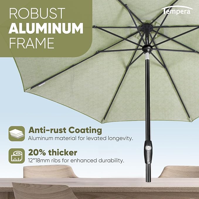 Tempera Patio Market Outdoor Table Umbrella with Auto Tilt and Crank, Large Sun Umbrella with Sturdy Pole & Fade Resistant Canopy, Easy to Set