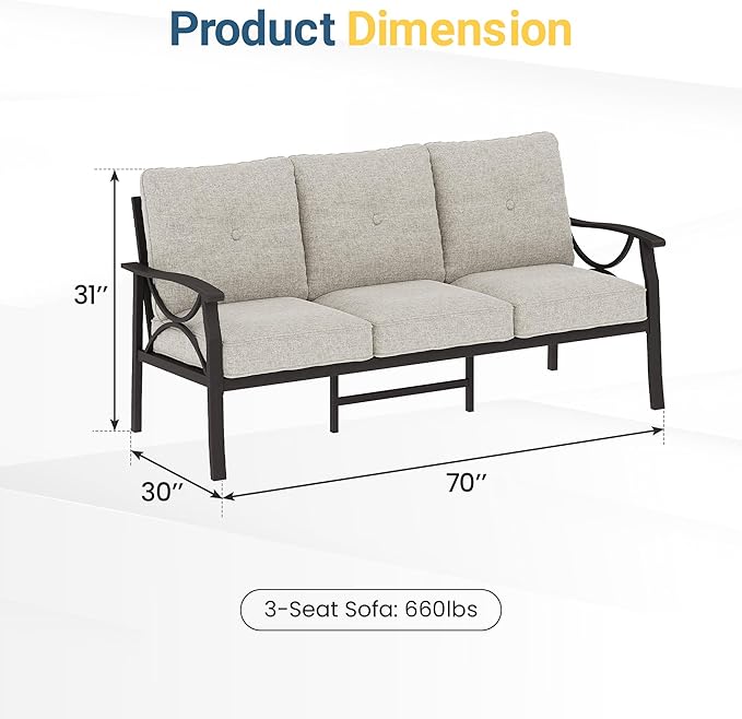 RoyalCraft Patio 3 Seats Sofa, All-Weather Outdoor Couch, Patio Furniture Sofa, Khaki Metal Chair with Beige Cushions