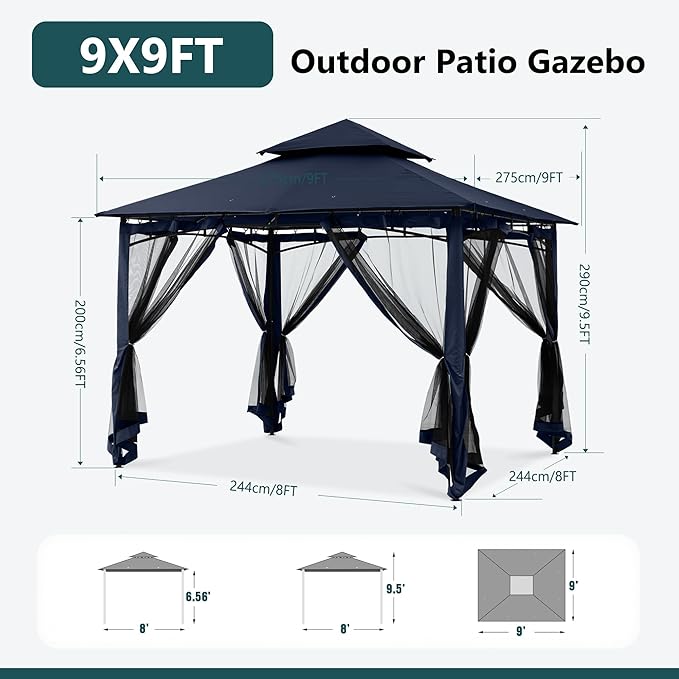 MASTERCANOPY Outdoor Garden Gazebo for Patios with Stable Steel Frame and Netting Walls (9x9,Navy Blue)
