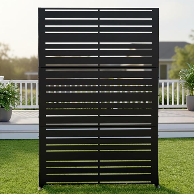 Casaphoria Metal Privacy Screen Outdoor, 72" H x 47" W Freestanding Decorative Privacy Screen for Patio Deck Balcony Garden with Stable Base, Black-Benjamin
