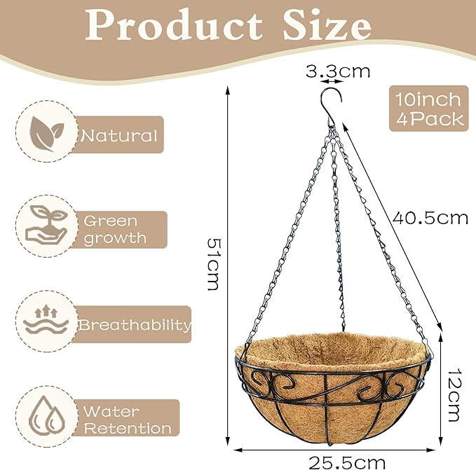 Outdoor Metal Hanging Planters Basket (4pack, 10 inch) Hanging Baskets for Plants Chain Round Wire Plant Holder with Coco Fiber Liners for Garden, Patio, Deck, Porch(Flower Border)