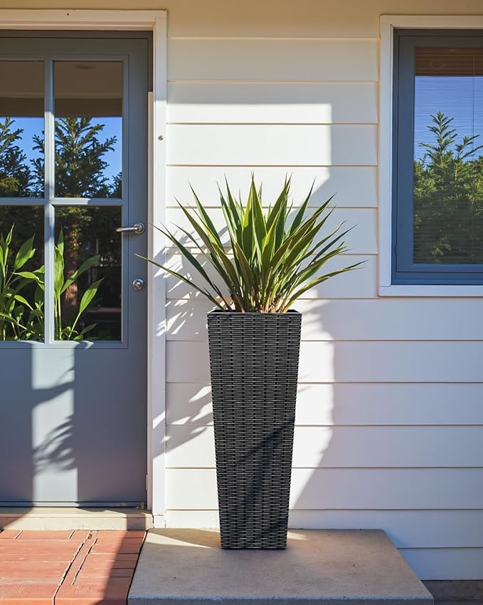 Greesum 32 Inch Tall Plastic Planters(Set of 2), Detachable Inner Pot & Drainage Holes, Outdoor Decorative Flower Pots for Large Plants, Trees, Patio, and Garden, Black