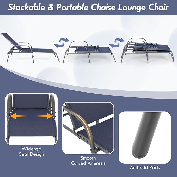 Giantex Patio Lounge Chair, Outdoor Chaise Lounge with 5 Adjustable Backrest, Sturdy Steel Frame, Sunbathing Recliner, Tanning Chair for Beach, Outside, Yard, Balcony, Pool Chairs, Navy