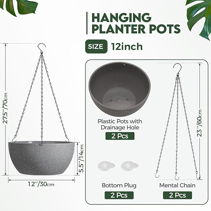 T4U Hanging Planters for Indoor Outdoor Plants 2 Pack - 12 Inch Grey Hanging Plant Basket with Drainage Hole, Round Hanging Flower Plant Pot for Garden Home Decor(Grey)