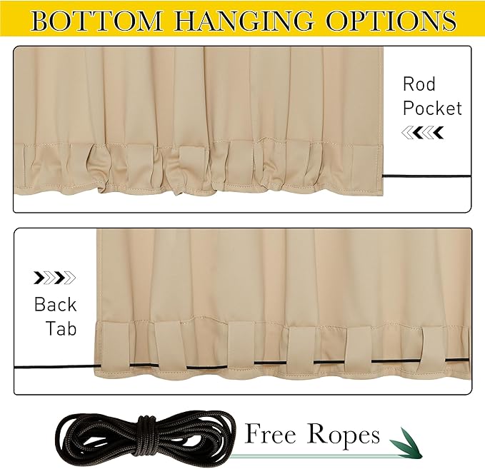 NICETOWN 2 Panels Outdoor Curtains for Patio Waterproof & Windproof, Pocket & Back Tab on Top & Bottom Weighted Drapes Keep Sun/Rain Out with Bonus Rope for Pergola, Biscotti Beige, W52 x L108