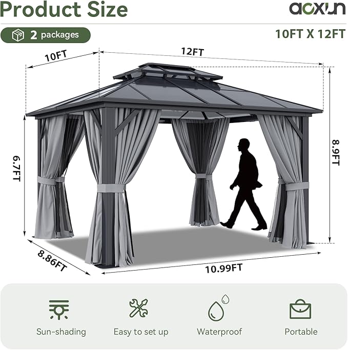 Aoxun 10'x12' Hardtop Gazebo, Aluminum Frame Permanent Pavilion with Curtains and Netting, Outdoor Polycarbonate Double Roof Canopy, Designed for Garden, Lawns, Patio