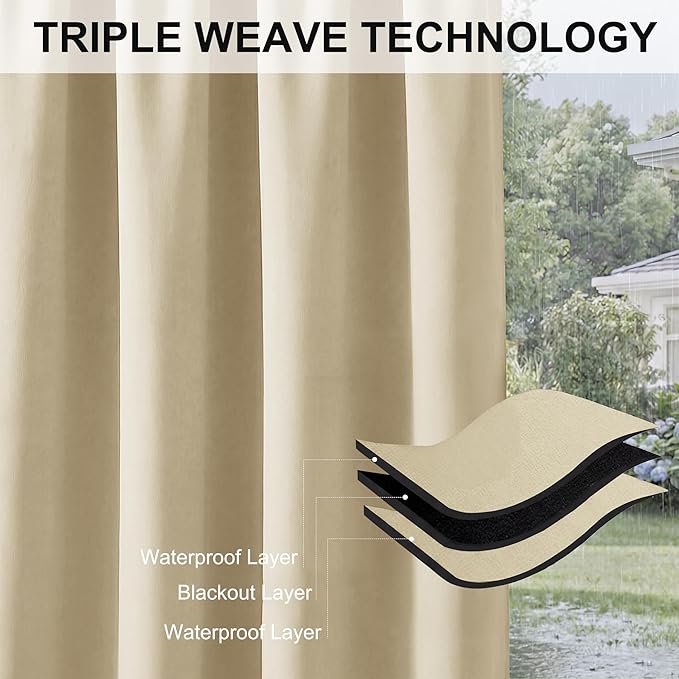 RYB HOME Outdoor Curtains for Patio Waterproof Block Sunlight Thermal Insulated Privacy Assured Thick Outside Curtains for Deck, Balcony, Pool, W52 x L63, Biscotti Beige, 1 Panel