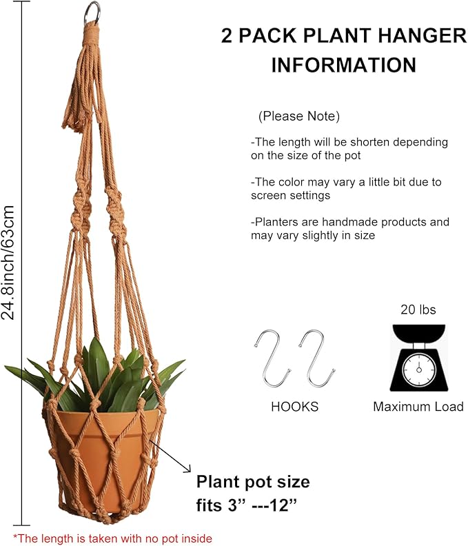 Artilady Macrame Hanging Planter for Indoor Plants, Boho Woven Plant Hanger Large Hanging Flower Pot Holders Outdoor Baskets Storage No Tassels Brown Wall Decor (Latte Brown-2pcs)