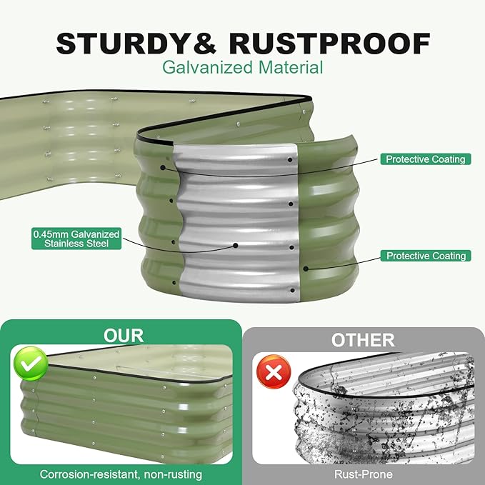 1MORE Raised Garden Bed -5X3X1 Galvanized Planter Box for Outdoor Gardening,4 in 1 Modular Raised Bed Kit with Protective Tape, Gloves for Herb,Ideal for Vegetables and Plants.Green-1Pcak