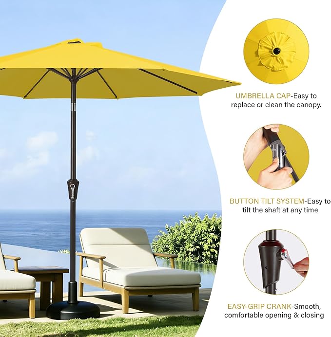 MEWAY 9ft Patio Umbrella Outdoor Table Umbrellas with Push Button Tilt and Crank, Market Umbrella 8 Sturdy Ribs for Deck, Garden, Pool and Backyard, Yellow