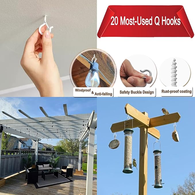 20 Pack Q Hanger Hooks with Safety Buckle, Rustproof Screw Hooks for Hanging String Lights, Bird Feeder, Plants, Wind Chimes & Holiday Decorations, Holds Up to 40 lbs（2.2" White Vinyl Coated ）