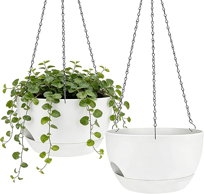 Set of 2-8 Inch Self Watering Hanging Planters for Indoor Outdoor，Hanging Plant Pots with Drainage & Removable Tray, Hanging Pots Holder for Ivy, Pothos, Ferns, Balcony & Patio, White