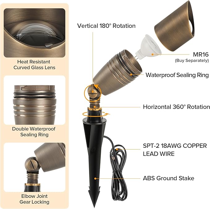 LUTEC Solid Brass Low Voltage Landscape Lighting, 12V Heavy Duty Waterproof Landscape Spotlights Bronze, Wired Uplights Outdoor Fixtureswith ABS Spike, Garden Yard Pathway Tree Without Bulb, 4 Pack