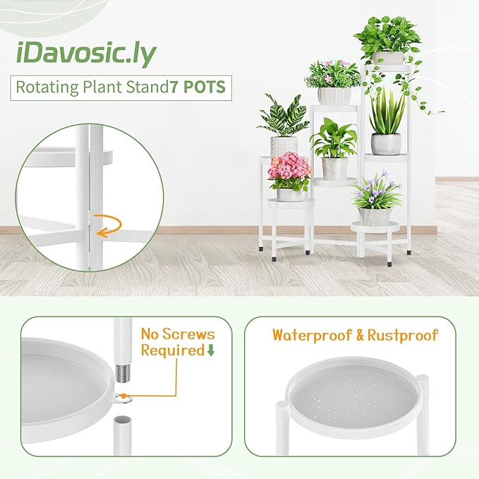 iDavosic.ly Plant Stand Indoor Outdoor, 7 Tier Corner Metal Flower Display Holder Shelf, Easy Assembly Folding Tall Orchid Rack for Patio Balcony Porch Garden Living Room House, White