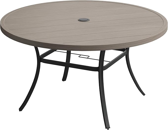 VICLLAX 63" Outdoor Round Patio Table with Umbrella Hole, All Weather Metal Round Outdoor Dining Table for Lawn Garden, 8-10 Person Table, Grey Wood Grain