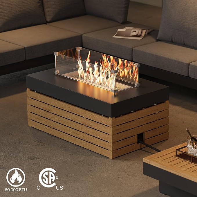 homary Patio Conversation Sets with Fire Pit-Modular Outdoor Sofa Aluminum & Teak Outdoor Sofa Se with Glass Wind Guard Ideal for Patios & Balconies, 6 Pepole