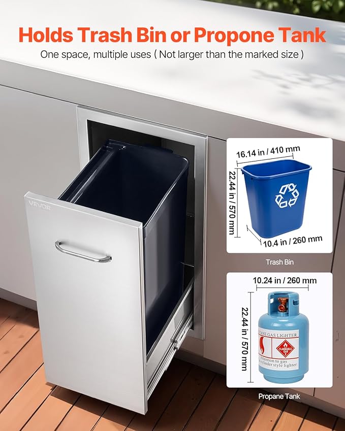 VEVOR Outdoor Kitchen Trash Drawer, 11.81" W x 19.6" D x 23.62" H Interior Storage, Multi-Purpose Outdoor Kitchen Drawers Stainless Steel, 55 lbs Max Capacity per Tier, for Outdoor BBQ Island Kitchen