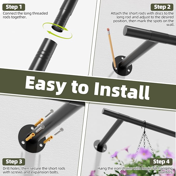 Plant Hanger Indoor 63 inch, Metal Planters Hanging Rod with 6 Hanging Chains & Hooks, Wall Plant Holder for Indoor Plants, Window, Ceiling, Black, Pots Not Included
